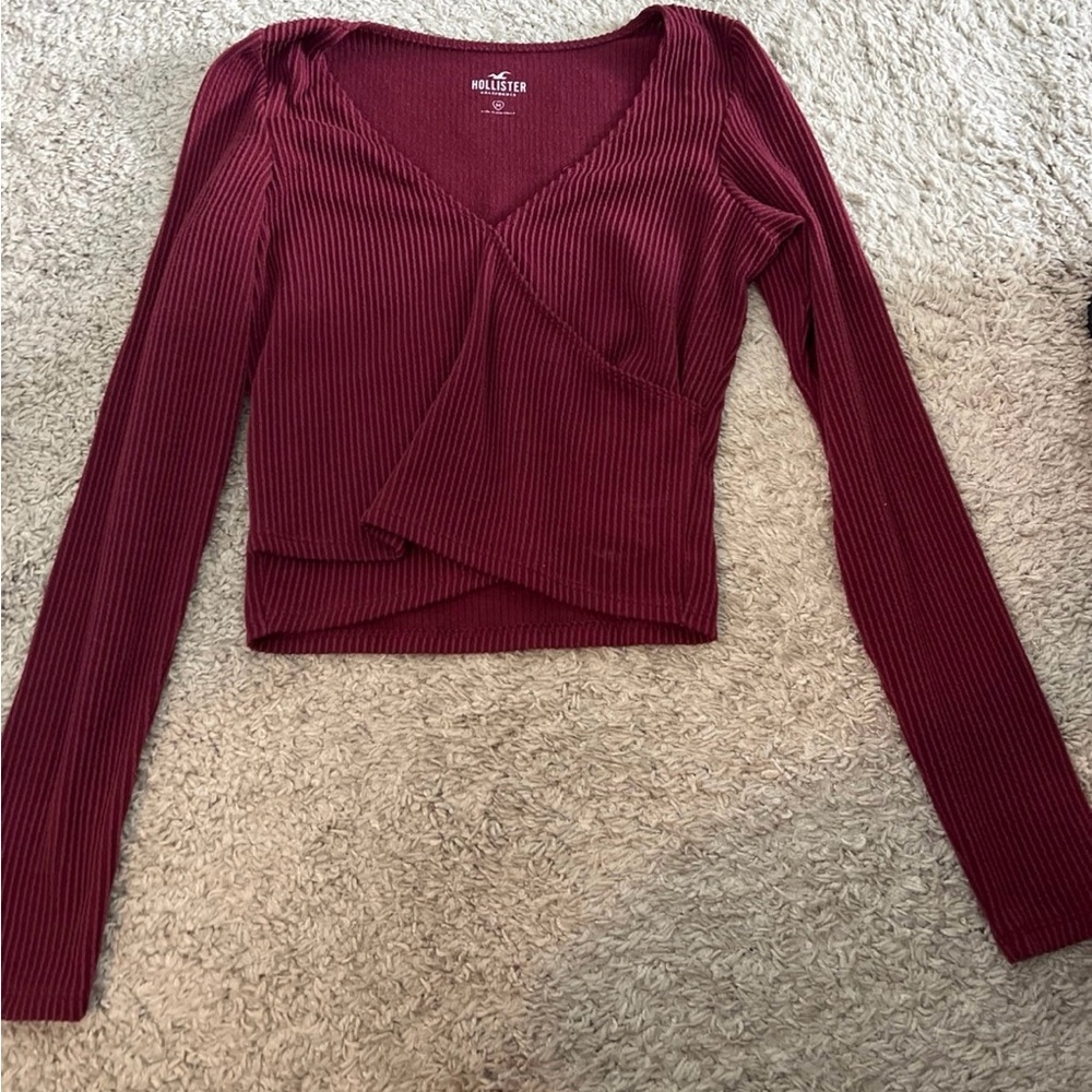Hollister Women's Burgundy Ribbed Wrap Long Sleeved Top